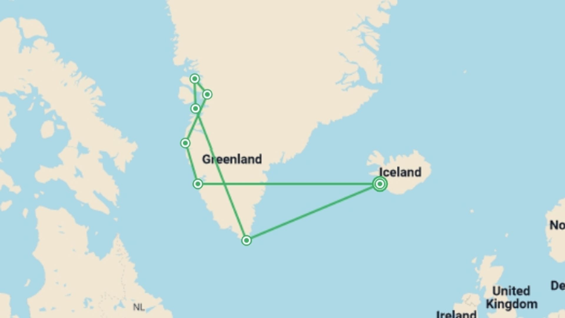 A map showing the tour itinerary for the trip: West Greenland: Discovering Massive Icebergs and Inuit Communities, Northbound, starting in Reykjavik, Iceland and ending in Reykjavik, Iceland going through 6 other destinations.