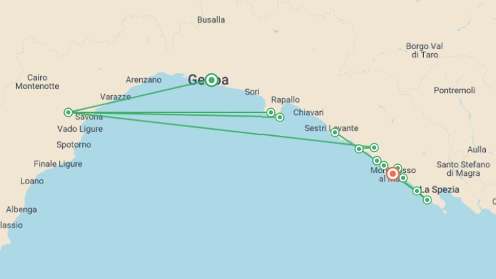 A map showing the tour itinerary for the trip: Portofino and the Cinque Terre, starting in Genoa, Italy and ending in Cinque Terre and Liguria, Italy going through 2 other destinations.