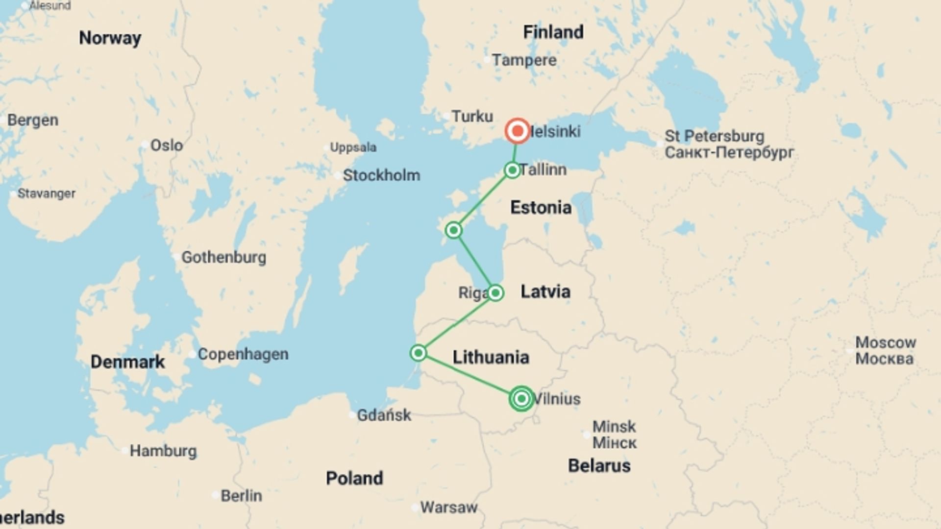 A map showing the tour itinerary for the trip: Baltic Adventure, starting in Vilnius, Lithuania and ending in Helsinki, Finland going through 5 other destinations.