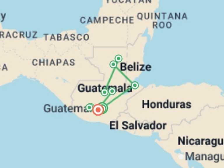 Map of a Sightseeing, attractions, culture and history Tour with 10 destination visits for the trip: Guatemala - Land of the Maya