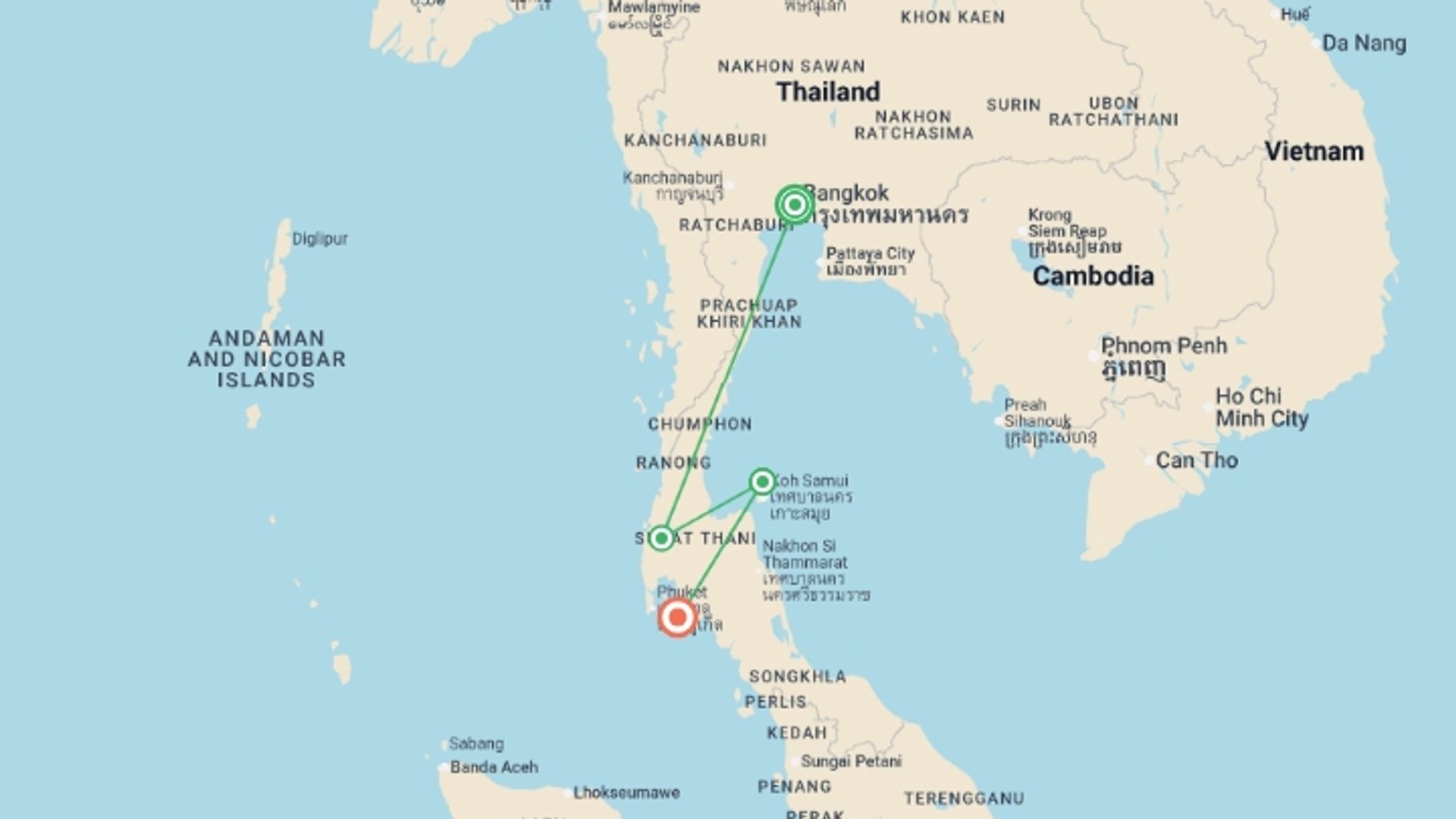 A map showing the tour itinerary for the trip: Thai Intro 12 day, starting in Bangkok, Thailand and ending in Thailand going through 4 other destinations.