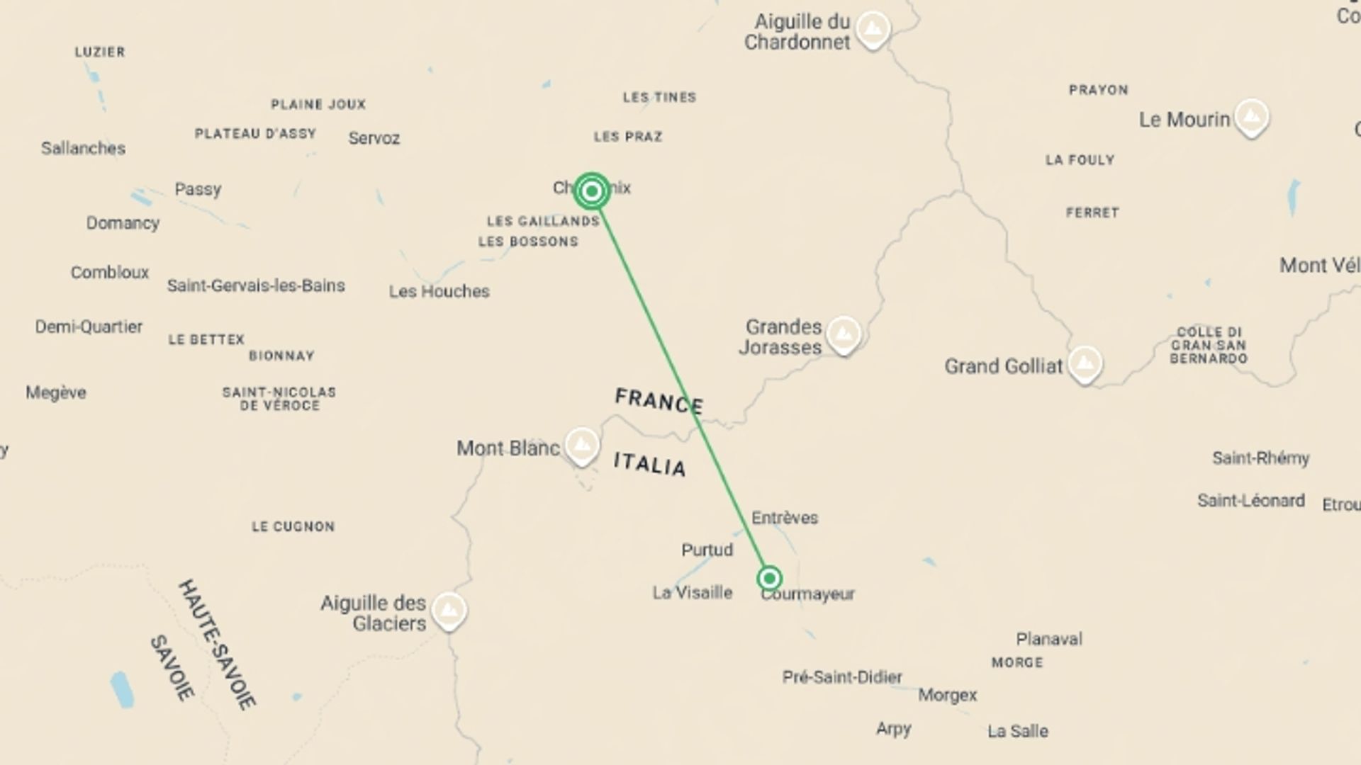 A map showing the tour itinerary for the trip: Mont Blanc Explorer, starting in Chamonix, France and ending in Chamonix, France going through 2 other destinations.