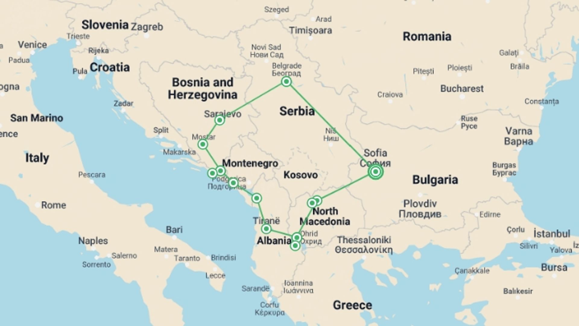 A map showing the tour itinerary for the trip: Balkans Uncovered Luxury Tour, starting in Sofia, Bulgaria and ending in Sofia, Bulgaria going through 6 other destinations.