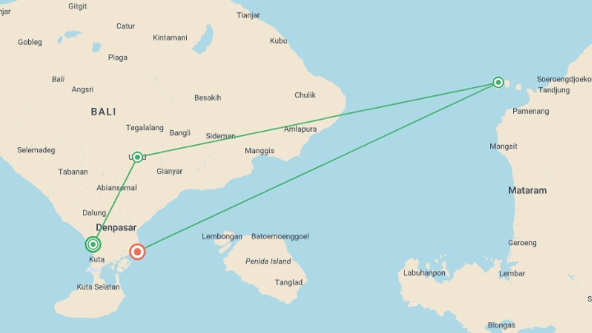 A map showing the tour itinerary for the trip: Bali Island Hopping, starting in Seminyak , Indonesia and ending in Sanur, Indonesia going through 3 other destinations.