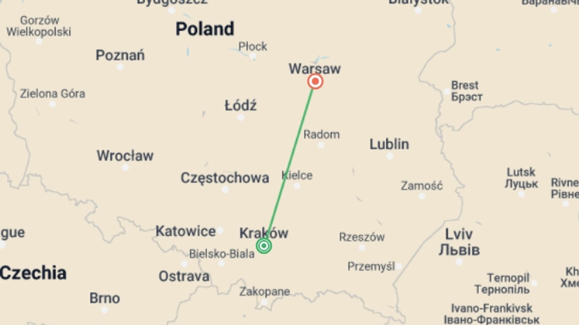 A map showing the tour itinerary for the trip: Highlights of Poland, starting in Krakow, Poland and ending in Warsaw, Poland going through 0 other destinations.