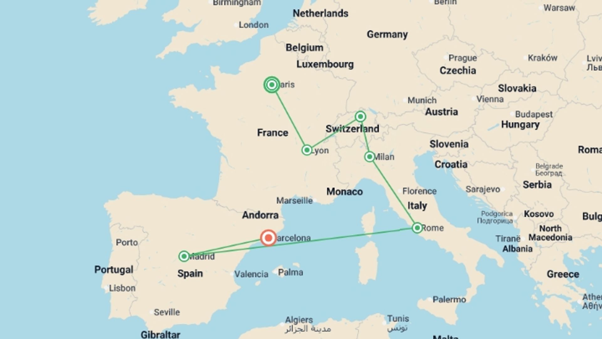A map showing the tour itinerary for the trip: Enchanted Landscapes, starting in Paris, France and ending in Barcelona, Spain going through 5 other destinations.