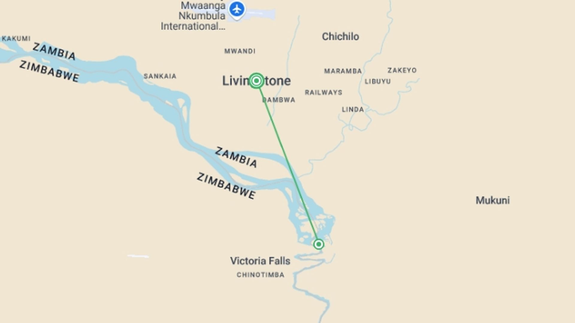 A map showing the tour itinerary for the trip: Victoria Falls & Chobe Adventure 4D/3N (from Livingstone), starting in Livingstone, Zambia and ending in Livingstone, Zambia going through 1 other destinations.