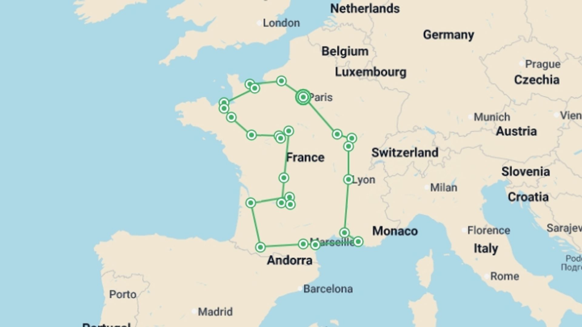 A map showing the tour itinerary for the trip: Explore your France, starting in Paris, France and ending in Paris, France going through 10 other destinations.
