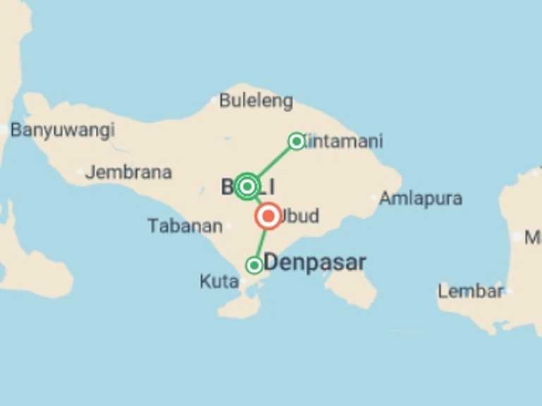 Map itinerary of Asia Tour in February 2026 with 4 destination visits for the trip: Picturesque Solo Bali And Ubud Tour