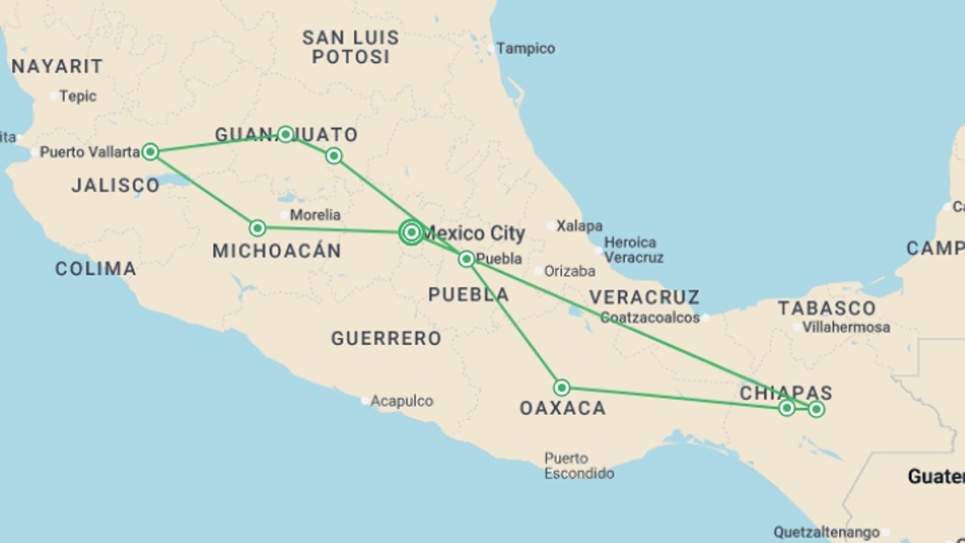 A map showing the tour itinerary for the trip: Mexican dream, starting in Mexico City, Mexico and ending in Mexico City, Mexico going through 8 other destinations.