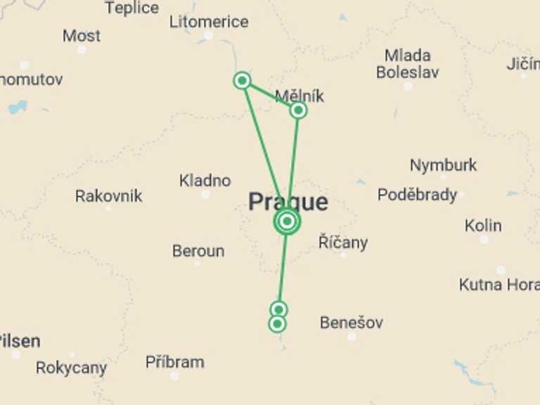 Map of 7-Day Prague Tour with 5 destination visits for the trip: Prague, Dresden, and the Castles of Bohemia: A Spectacular Cruise on the Elbe and Vltava Rivers