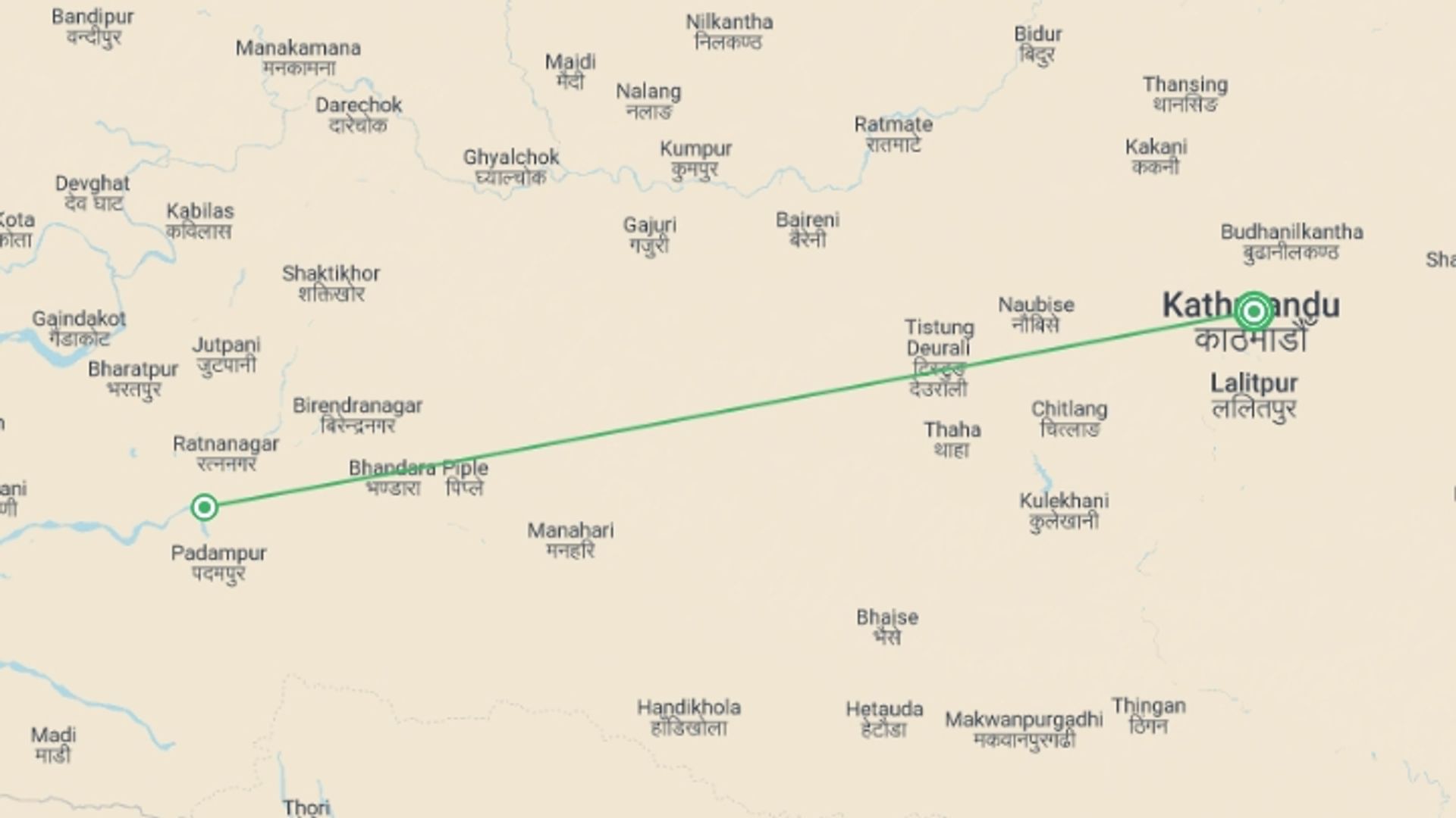 A map showing the tour itinerary for the trip: Kathmandu Sightseeing & Chitwan National Park Tour, starting in Kathmandu, Nepal and ending in Kathmandu, Nepal going through 1 other destinations.