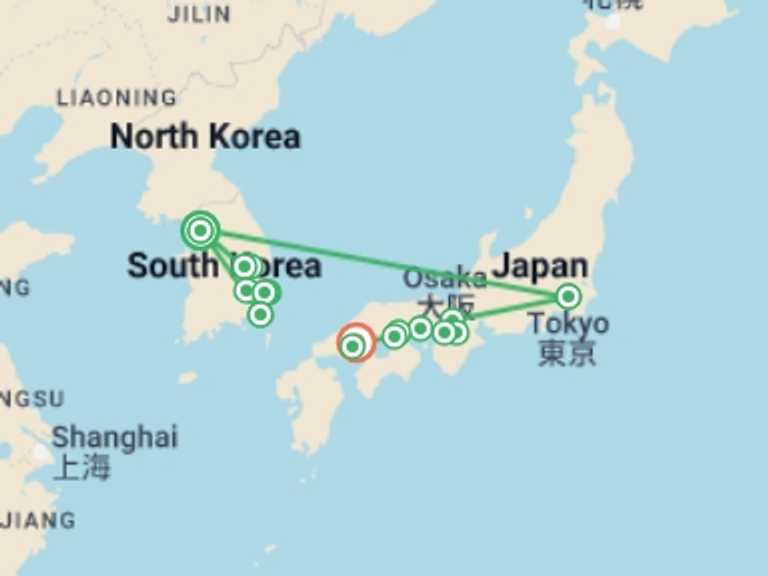 Map itinerary of Osaka Tour in December 2025 with 8 destination visits for the trip: Wonders of Korea and Japan with Hiroshima