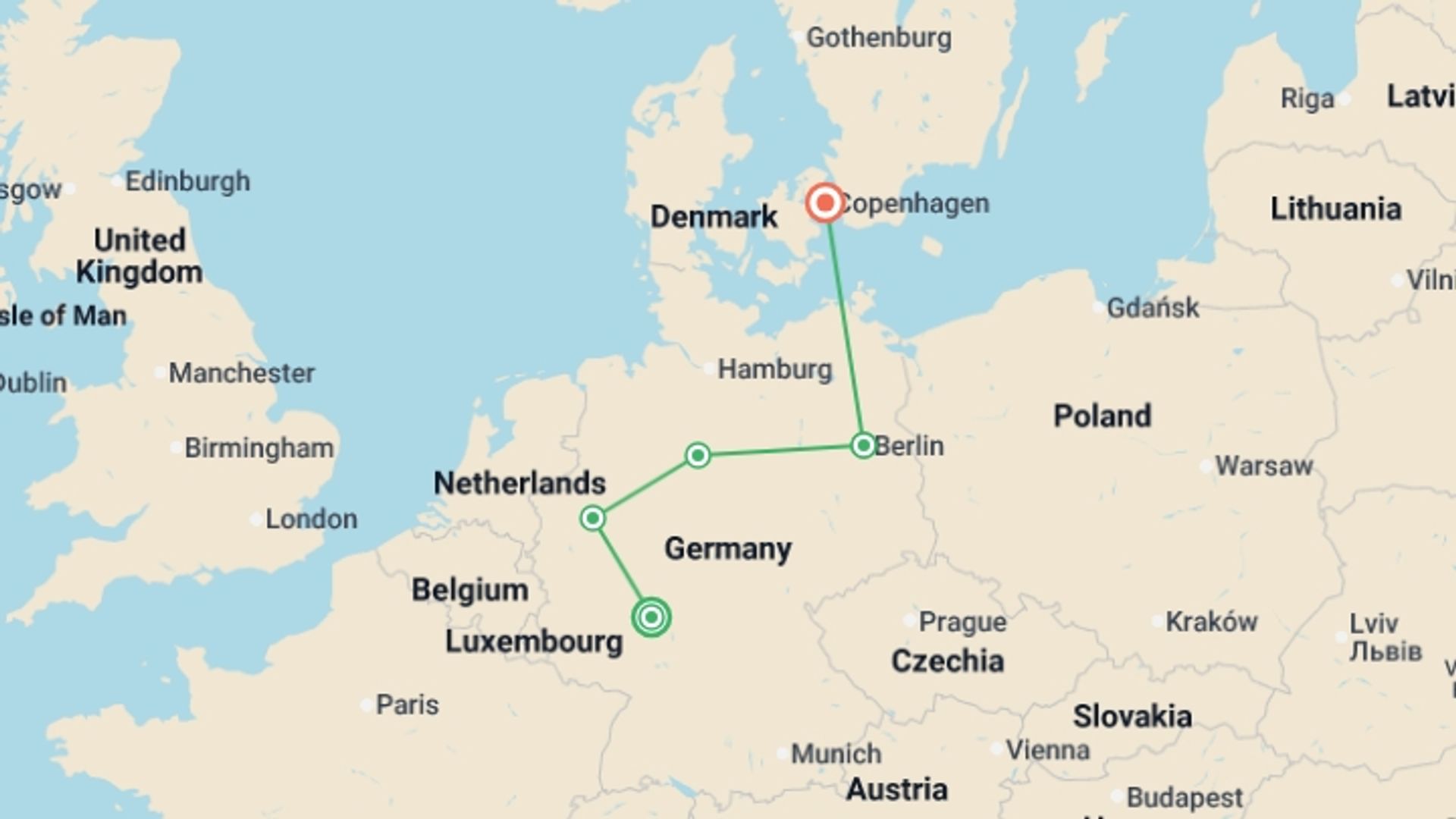 A map showing the tour itinerary for the trip: German Trek End Copenhagen, starting in Frankfurt, Germany and ending in Copenhagen, Denmark going through 3 other destinations.