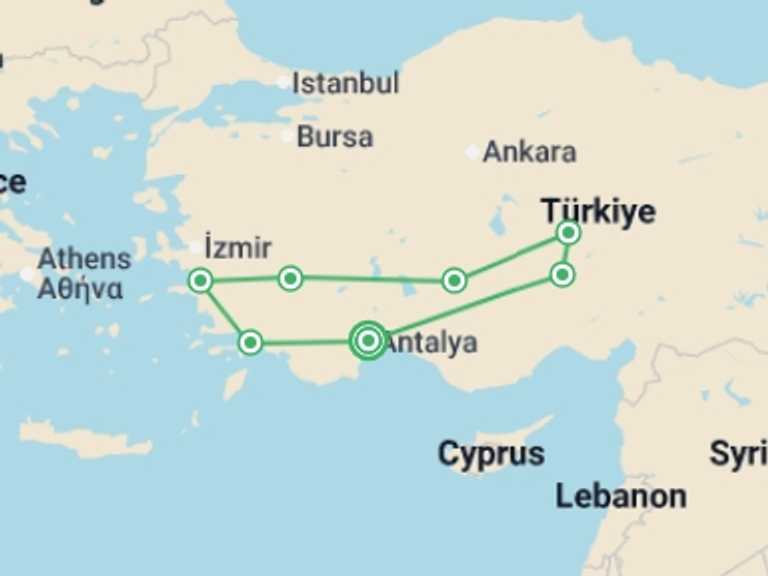 Map itinerary of Europe Tour in Winter with 7 destination visits for the trip: Turkish Delights History and Coastal Charms - 9 days