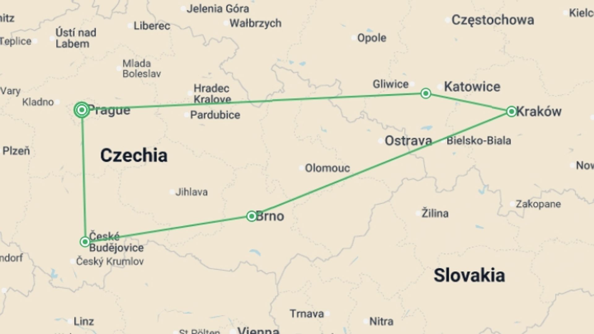 A map showing the tour itinerary for the trip: Full Czechia and Heart of Poland, starting in Prague, Czech Republic and ending in Prague, Czech Republic going through 4 other destinations.