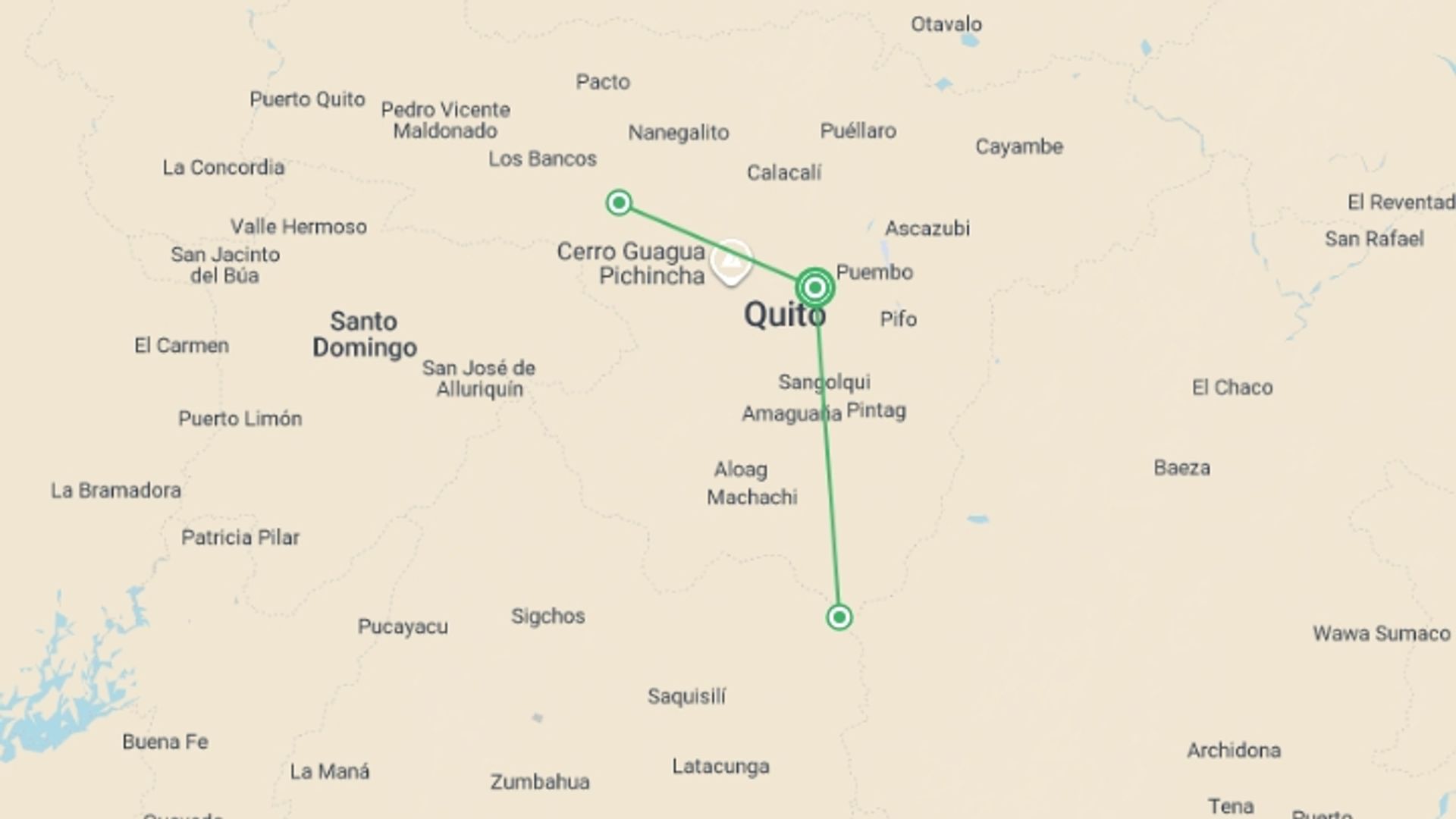 A map showing the tour itinerary for the trip: 6-day Highlights Of Mainland Ecuador: Quito, Otavalo, Cotopaxi & Mindo Cloud Forest, French-speaking Guide, starting in Quito, Ecuador and ending in Quito, Ecuador going through 0 other destinations.