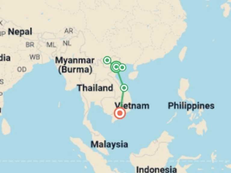 Map of 12-Day Asia Tour with 5 destination visits for the trip: Adventure Vietnam Journey - 12 days