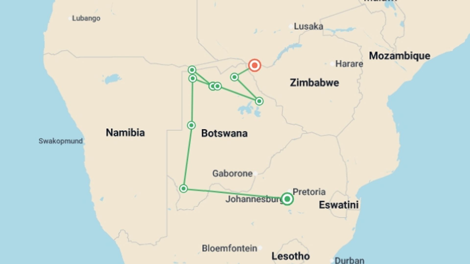 A map showing the tour itinerary for the trip: Okavango & Chobe - 2026, starting in Johannesburg, South Africa and ending in Victoria Falls, Zimbabwe going through 9 other destinations.
