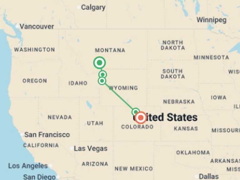Map of 9-Day North America Tour with 5 destination visits for the trip: Yellowstone, Grand Teton & Rocky Mountains - 9 days