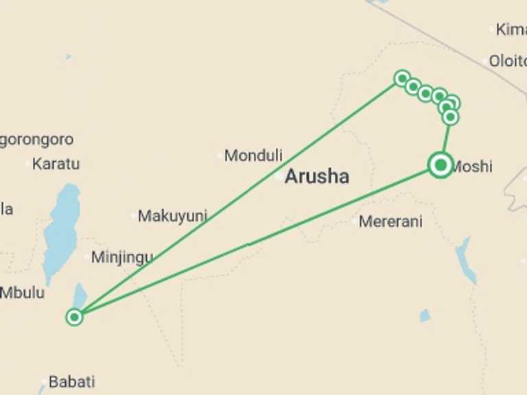 Map itinerary of Tanzania Tour in February 2027 with 10 destination visits for the trip: 8-Day Kilimanjaro Climbi via Lemosho route
