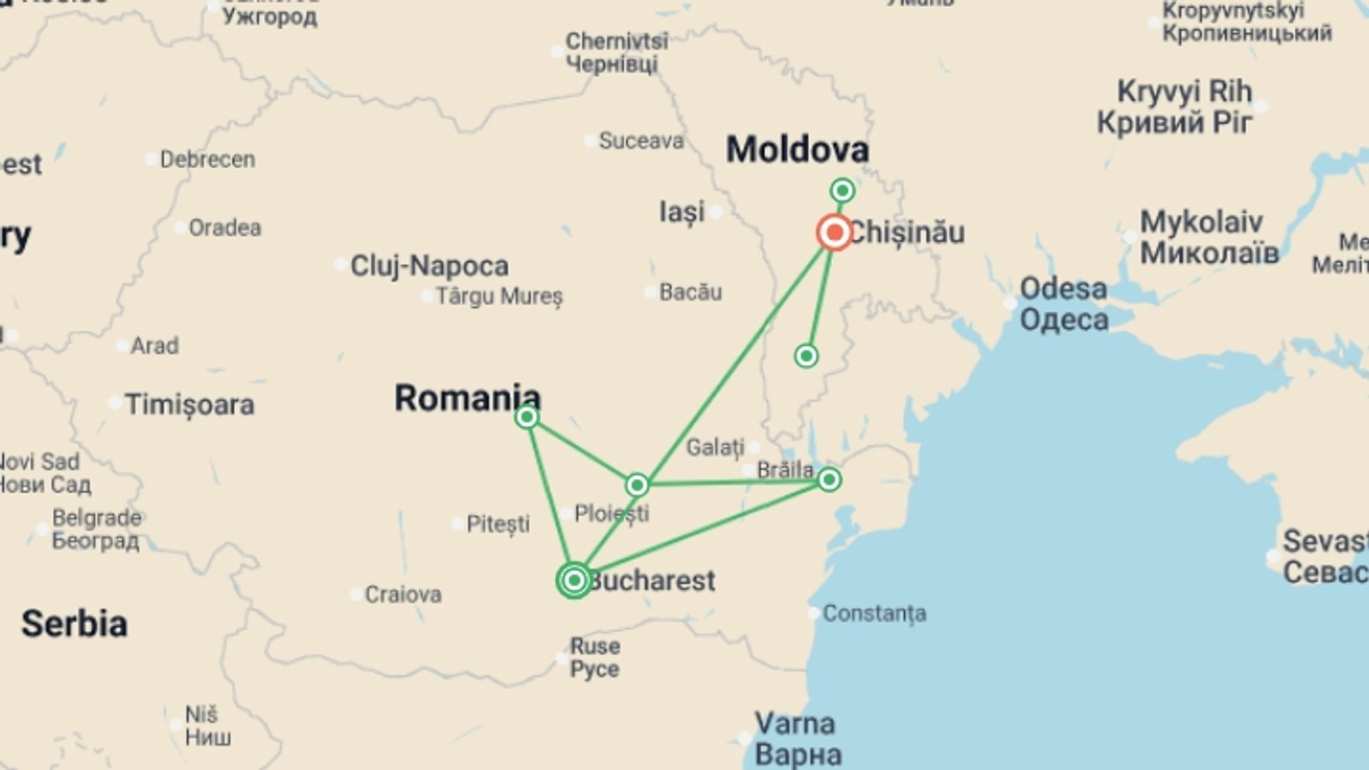 A map showing the tour itinerary for the trip: Heart of the East: Romania & Moldova Adventure, starting in Bucharest, Romania and ending in Chisinau, Moldova going through 5 other destinations.