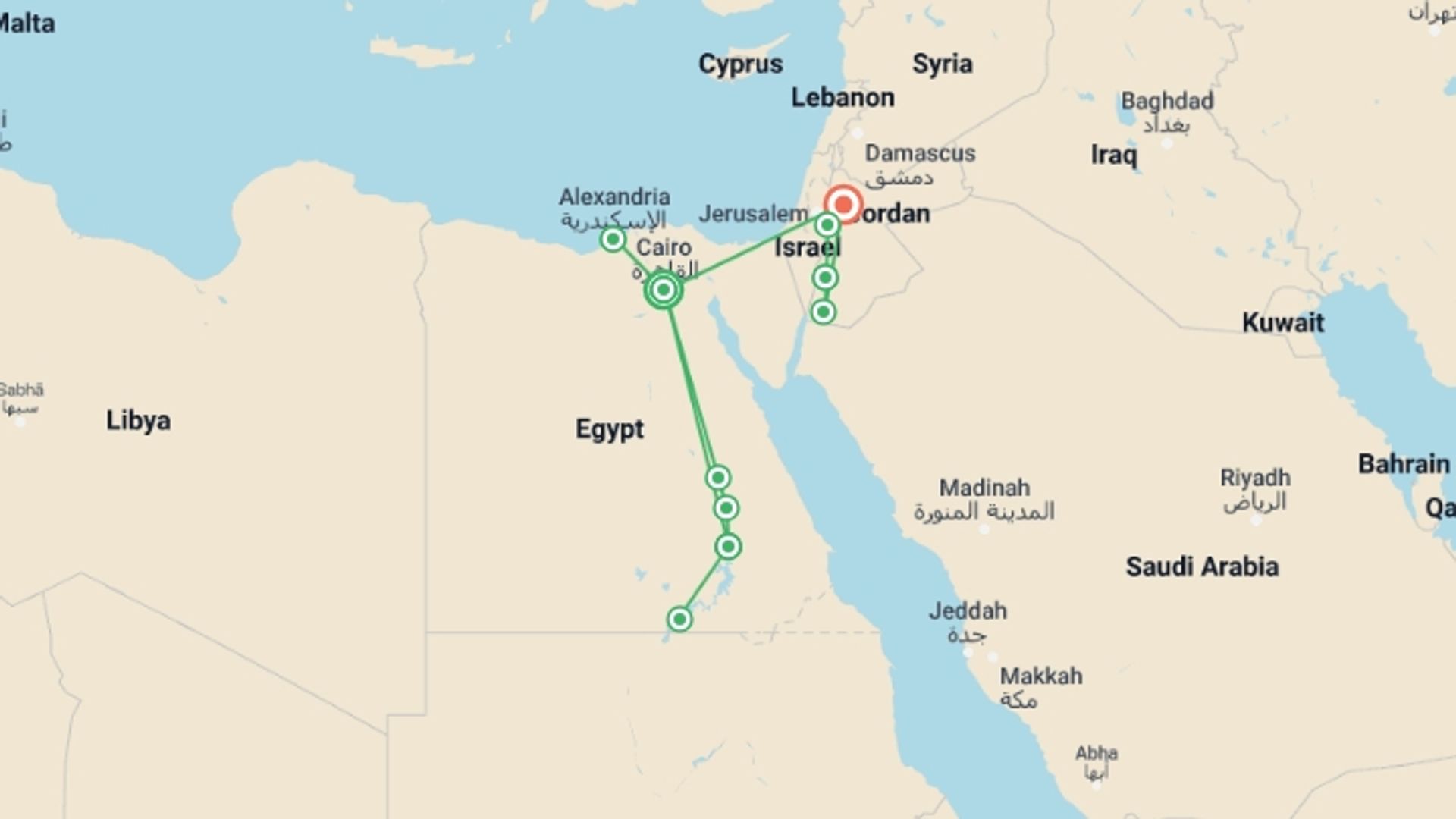 A map showing the tour itinerary for the trip: Premium Egypt & Jordan in Depth, starting in Cairo, Egypt and ending in Amman, Jordan going through 8 other destinations.