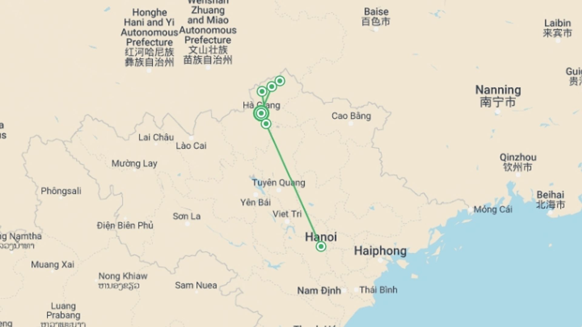 A map showing the tour itinerary for the trip: Ha Giang Hiking Trails 5 Days 4 Nights, starting in Ha Giang, Vietnam and ending in Ha Giang, Vietnam going through 3 other destinations.