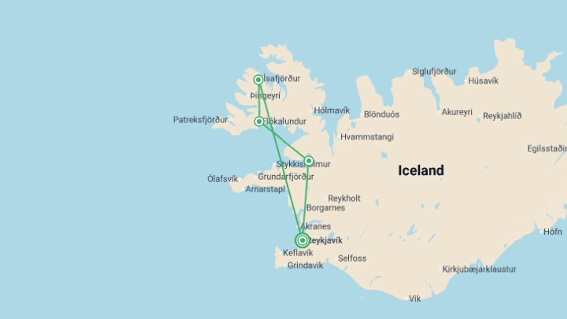 A map showing the tour itinerary for the trip: Wild Westfjords Explorer - 3 days, starting in Reykjavik, Iceland and ending in Reykjavik, Iceland going through 1 other destinations.
