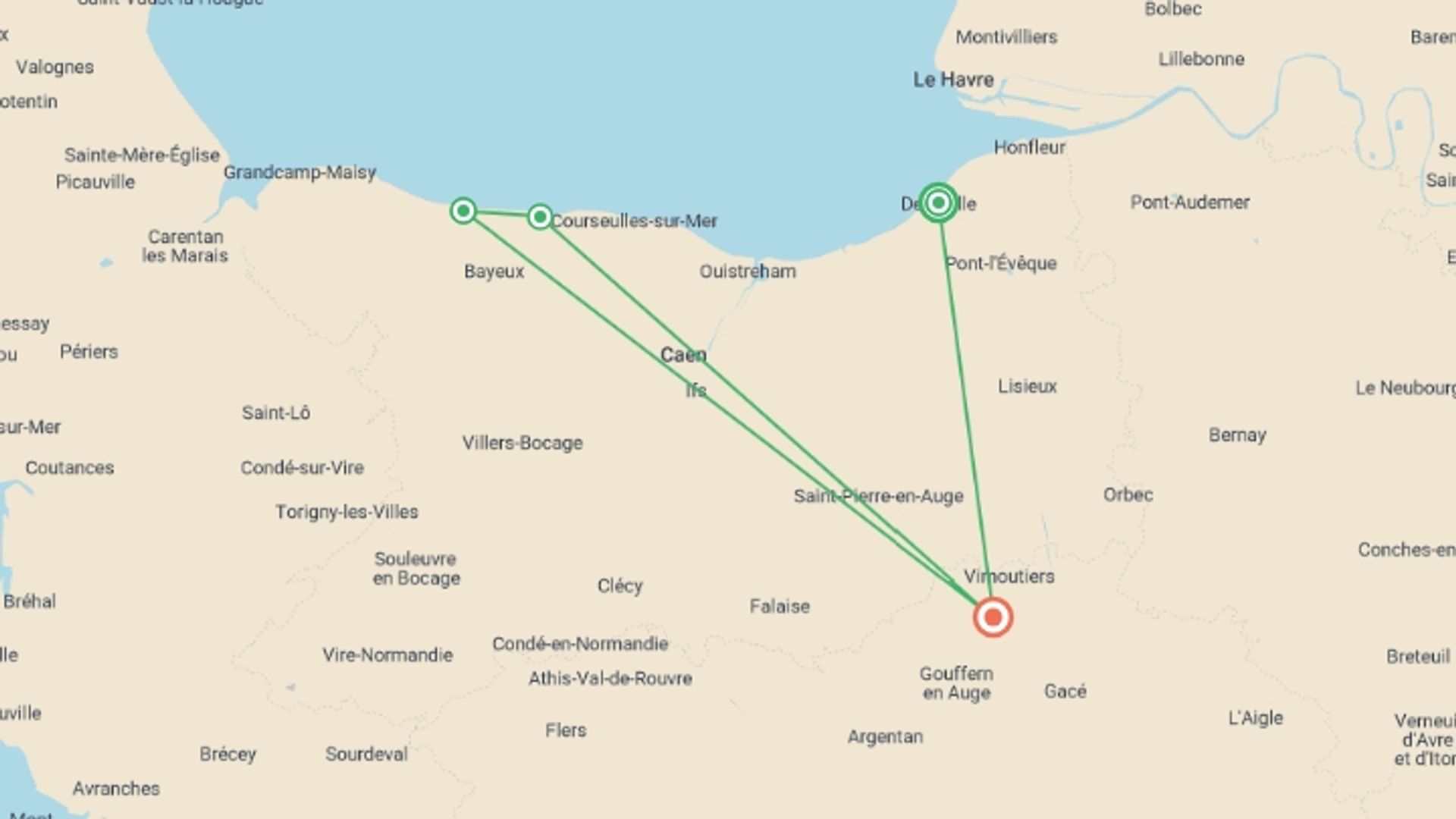 A map showing the tour itinerary for the trip: Normandy Walk from Deauville to Bayeux, starting in undefined, undefined and ending in Normandy, France going through 1 other destinations.