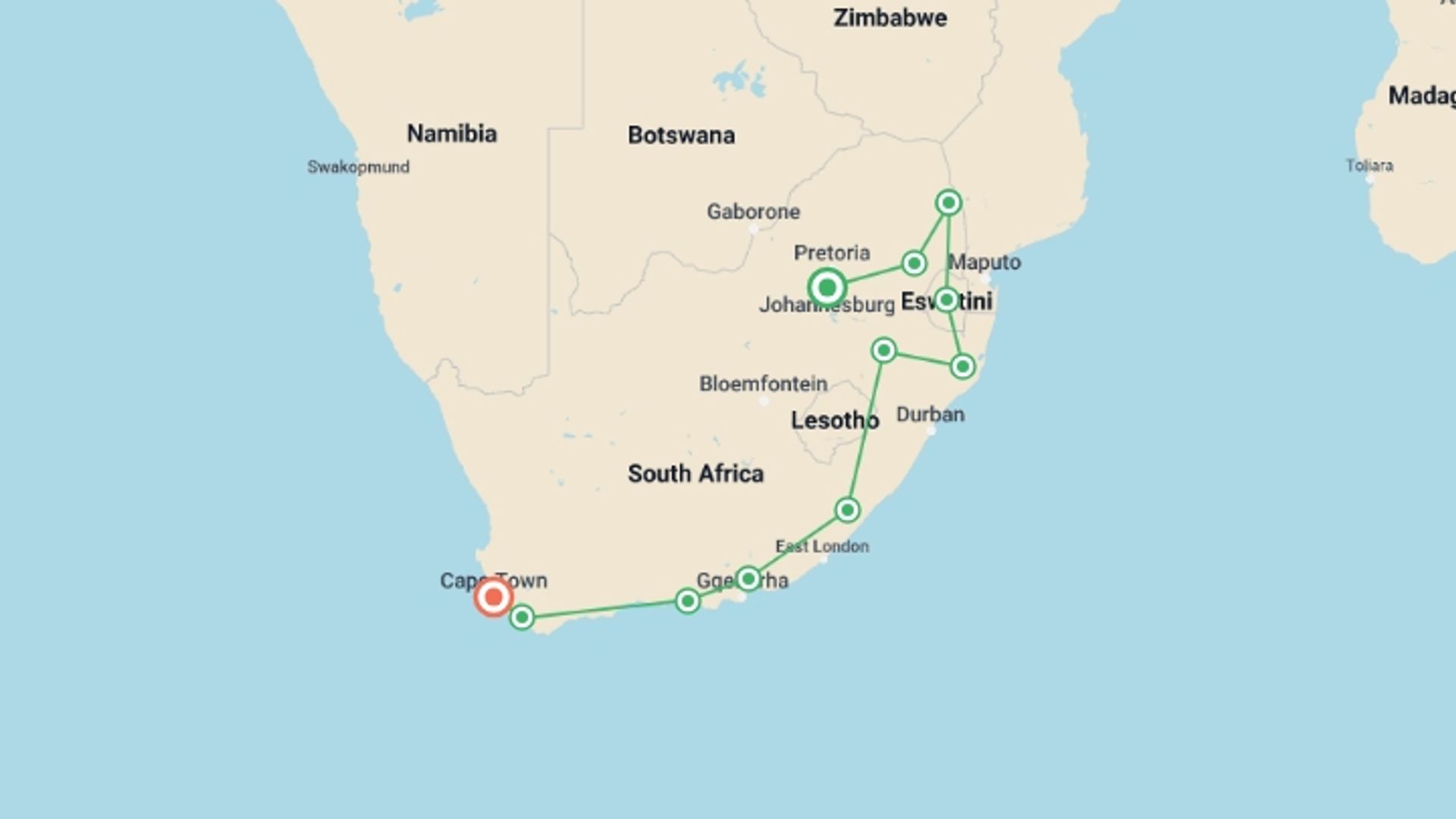 A map showing the tour itinerary for the trip: South Africa Encompassed, starting in Johannesburg, South Africa and ending in Cape Town, South Africa going through 12 other destinations.