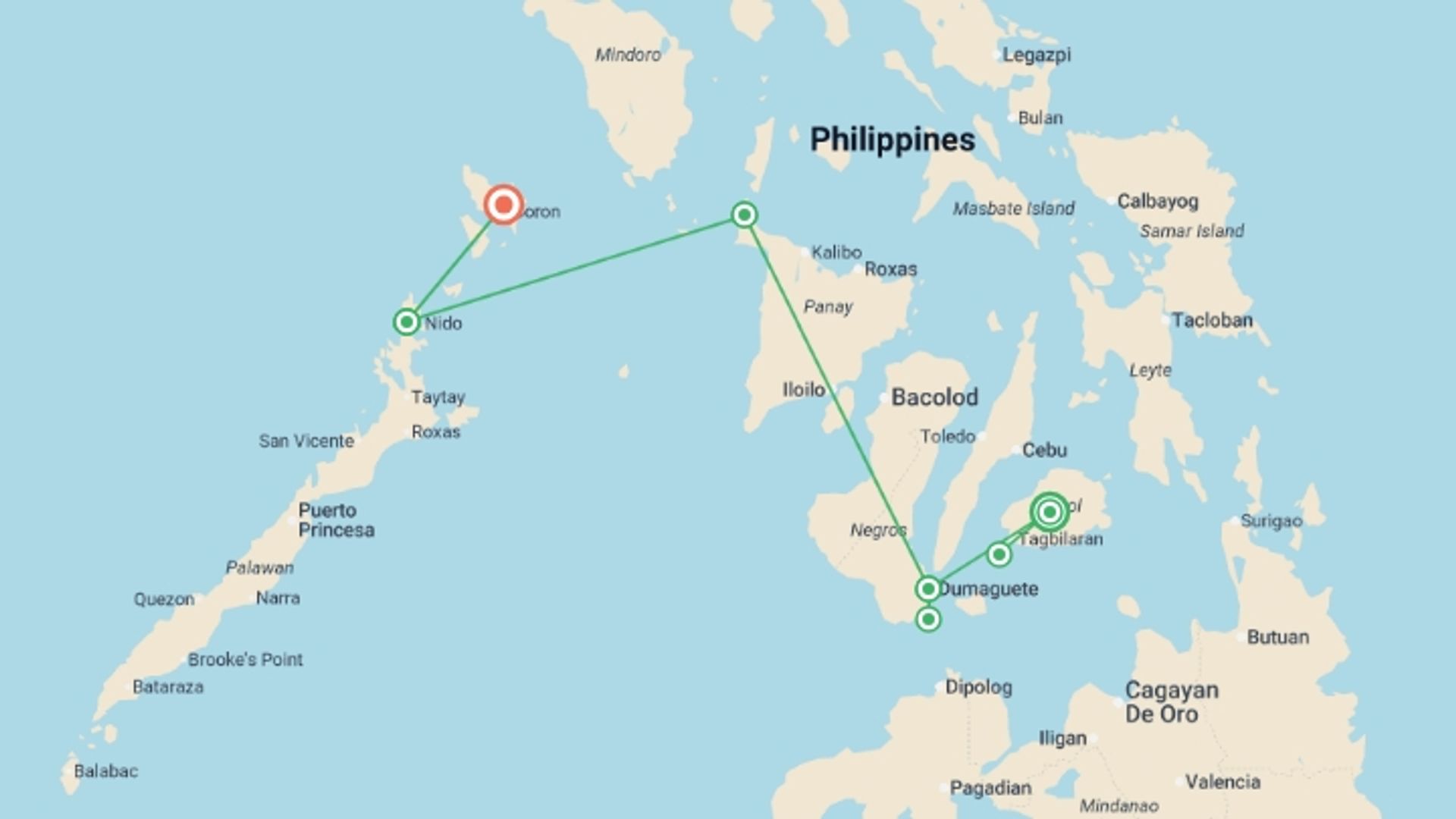 A map showing the tour itinerary for the trip: Philippines Grand Tour See & Experience it all in 14 days, starting in Bohol, Philippines and ending in Coron, Philippines going through 5 other destinations.