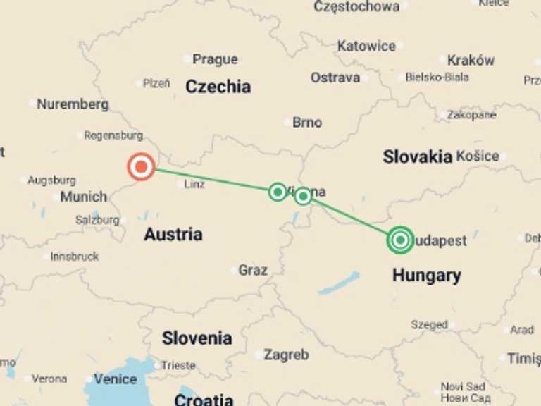 Map of Europe Tour with 4 destination visits for the trip: The Beautiful Blue Danube (port-to-port cruise)