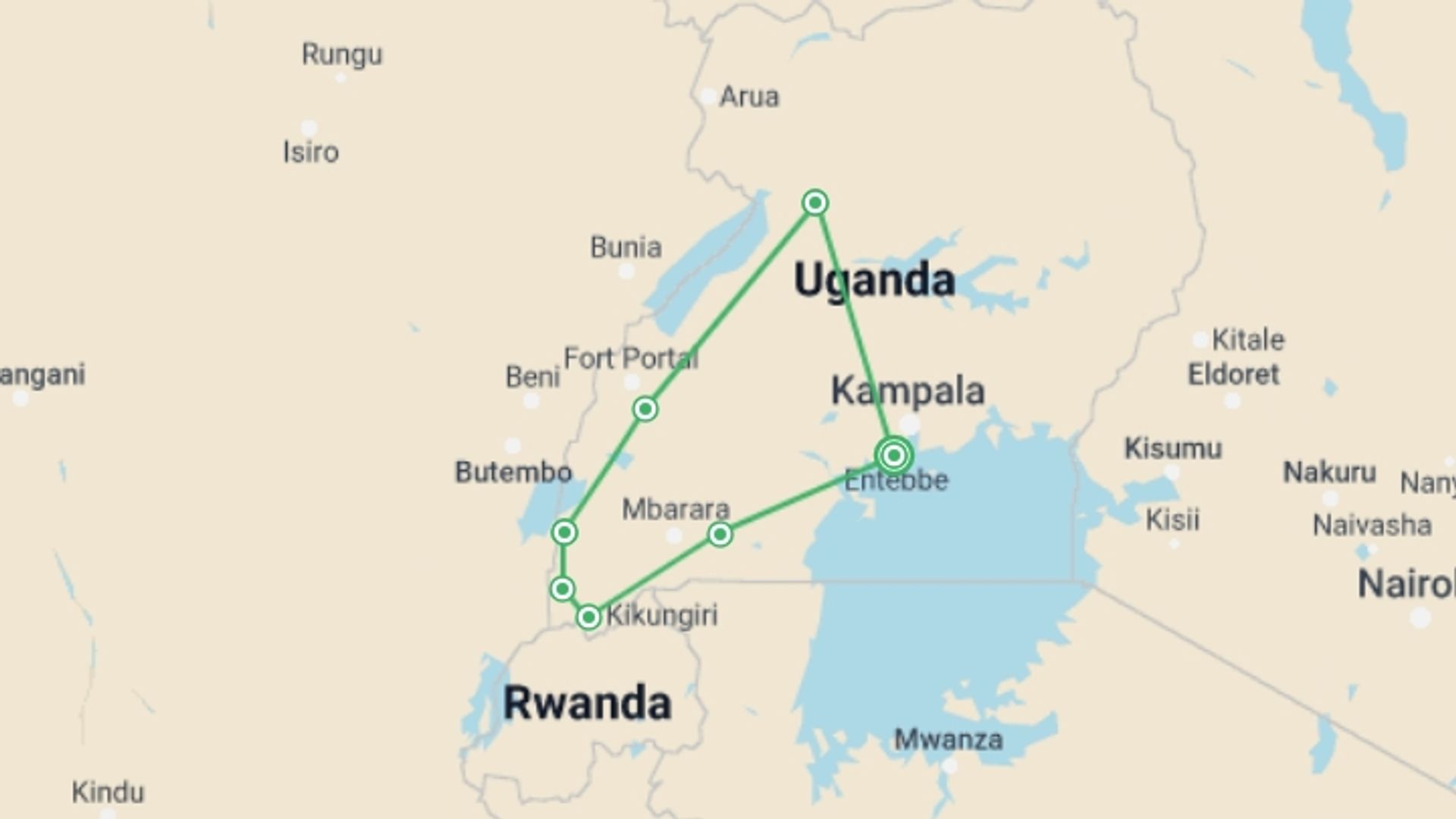 A map showing the tour itinerary for the trip: Best of Uganda, starting in Entebbe, Uganda and ending in Entebbe, Uganda going through 6 other destinations.