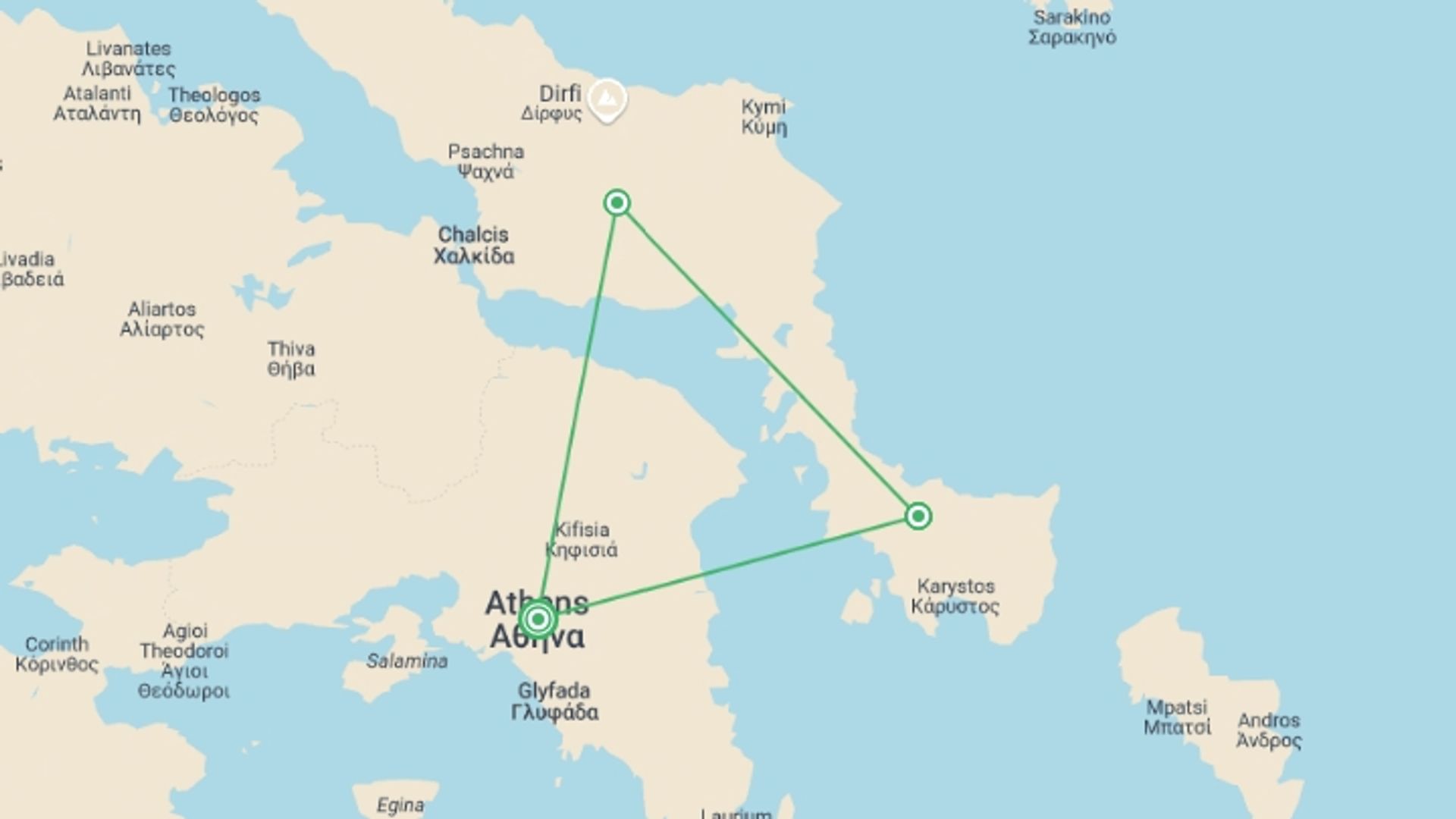 A map showing the tour itinerary for the trip: Walking the Mountains & Villages of Evia, starting in Athens, Greece and ending in Athens, Greece going through 2 other destinations.
