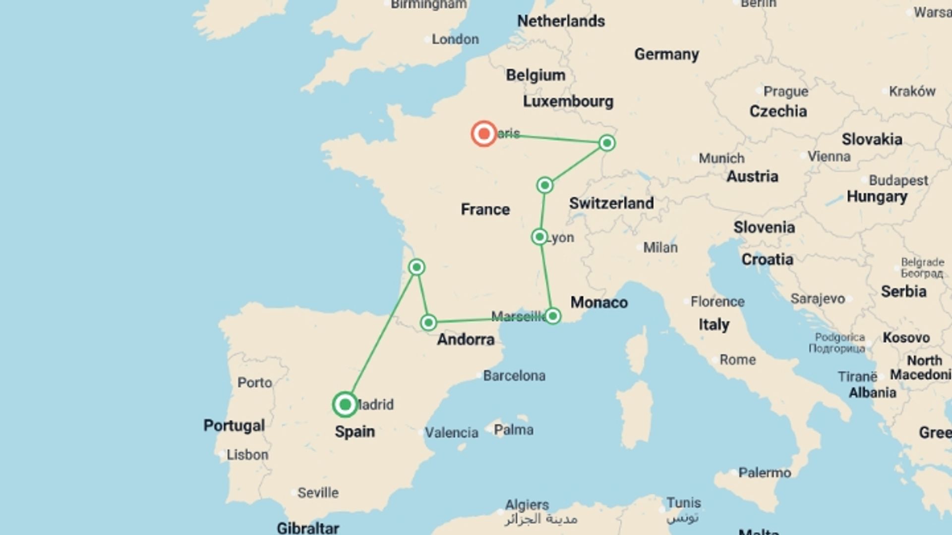 A map showing the tour itinerary for the trip: Spain, south of France, Burgundy and Alsace, starting in Madrid, Spain and ending in Paris, France going through 6 other destinations.