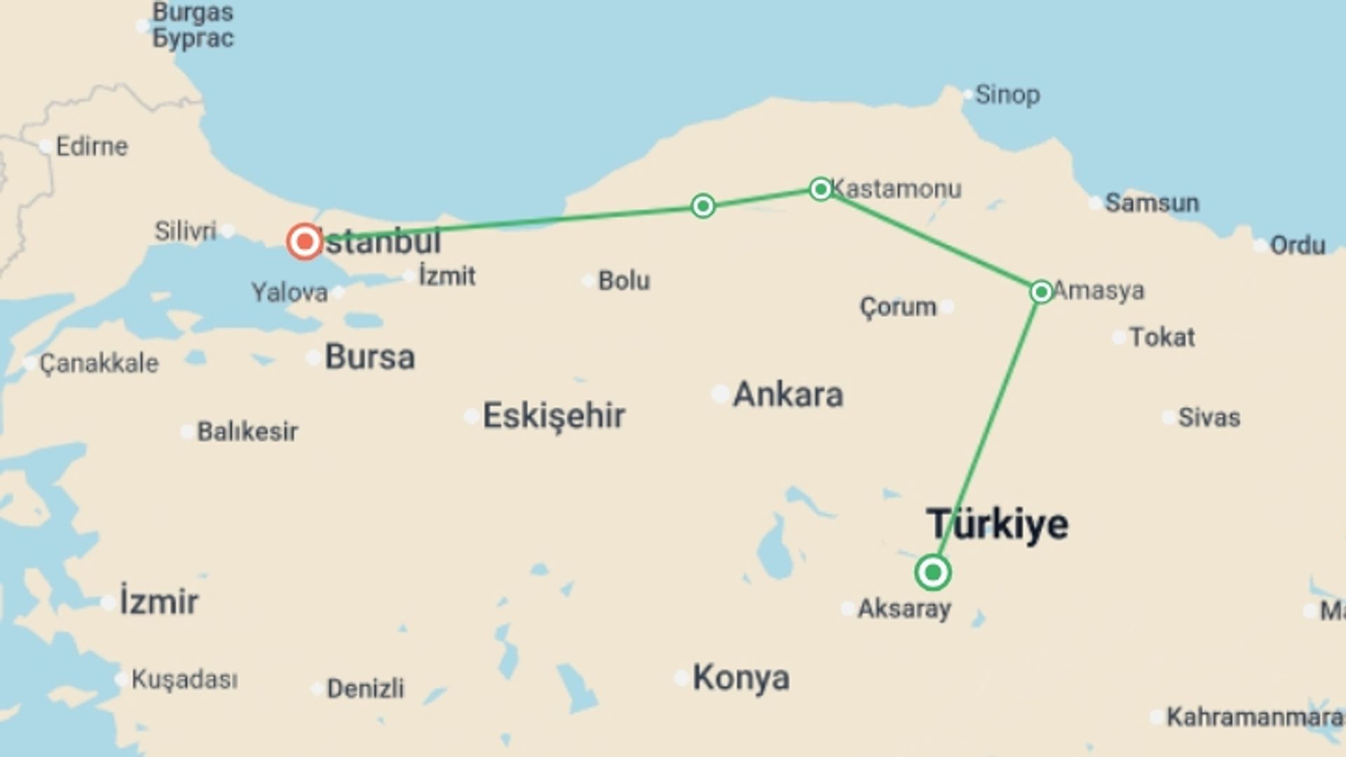 A map showing the tour itinerary for the trip: Hattusa and Black Sea Explorer, starting in Cappadocia, Turkey and ending in Istanbul, Turkey going through 3 other destinations.