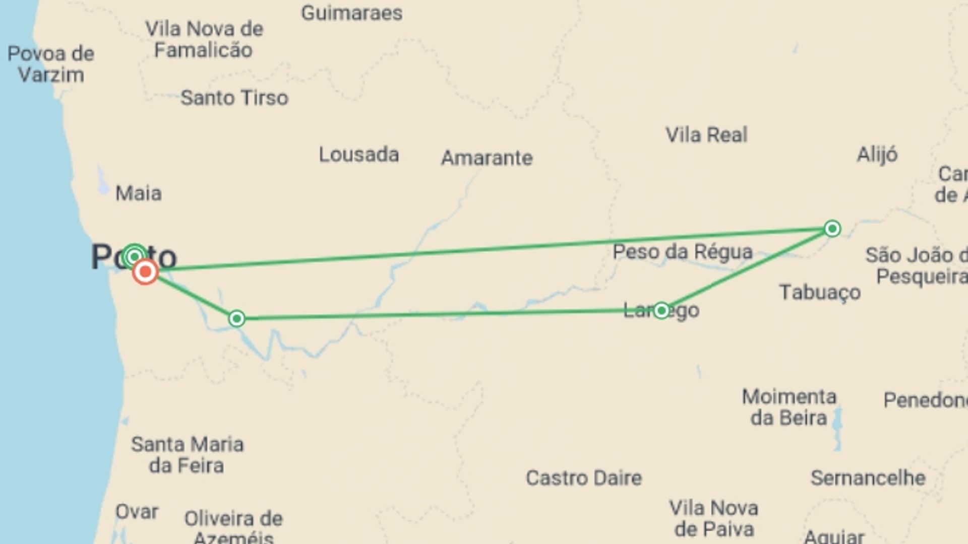 A map showing the tour itinerary for the trip: Porto & Douro Cruise - 6 days, starting in Porto, Portugal and ending in  Cais Da Ribeira, Portugal going through 3 other destinations.