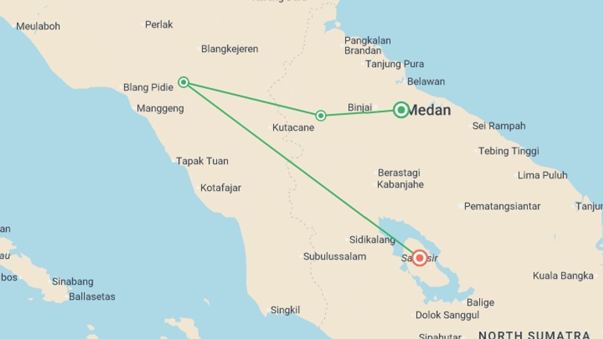 A map showing the tour itinerary for the trip: Wild Sumatra - 6 days, starting in Medan, Indonesia and ending in Medan, Indonesia going through 3 other destinations.