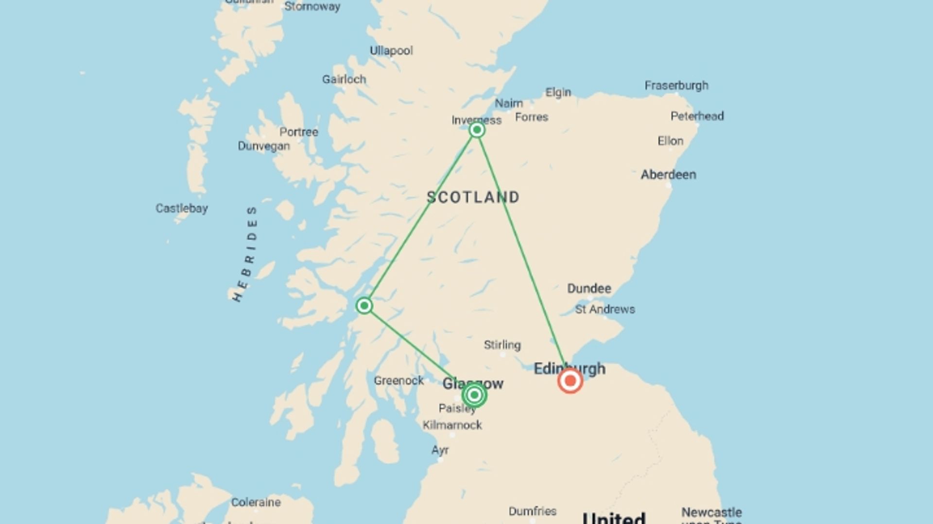 A map showing the tour itinerary for the trip: Scenic Scotland, starting in Glasgow, Scotland and ending in Edinburgh, Scotland going through 4 other destinations.