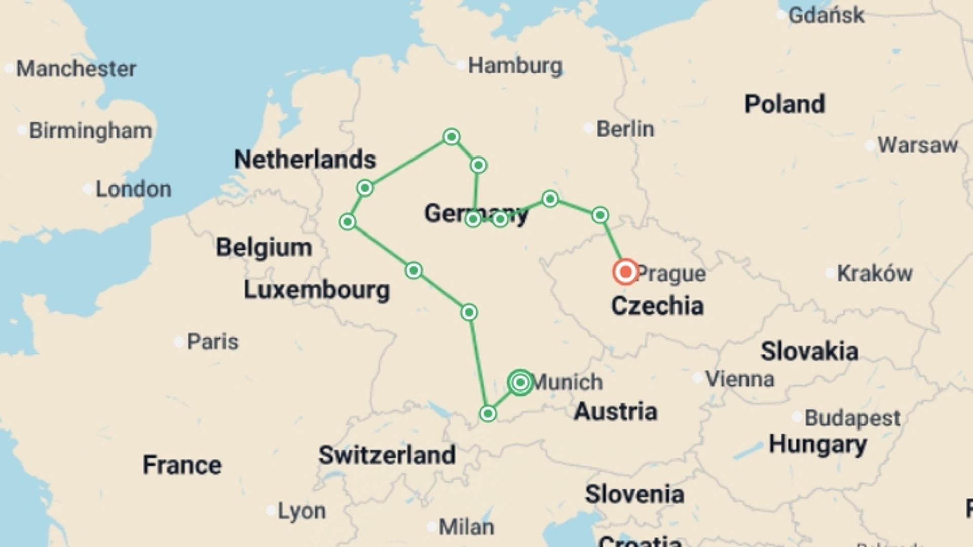 A map showing the tour itinerary for the trip: From Bavaria to Prague, starting in Munich, Germany and ending in Prague, Czech Republic going through 5 other destinations.