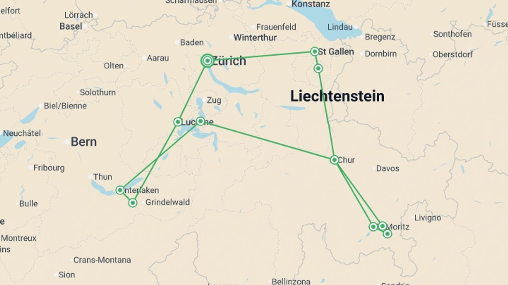 A map showing the tour itinerary for the trip: Highlights of Switzerland - 6 days, starting in Zurich, Switzerland and ending in Zurich, Switzerland going through 4 other destinations.