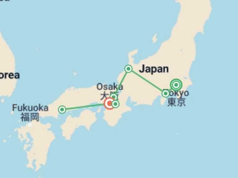 Map of 10-Day Osaka Tour with 6 destination visits for the trip: Japan Cherry Blossom Small Group Tour