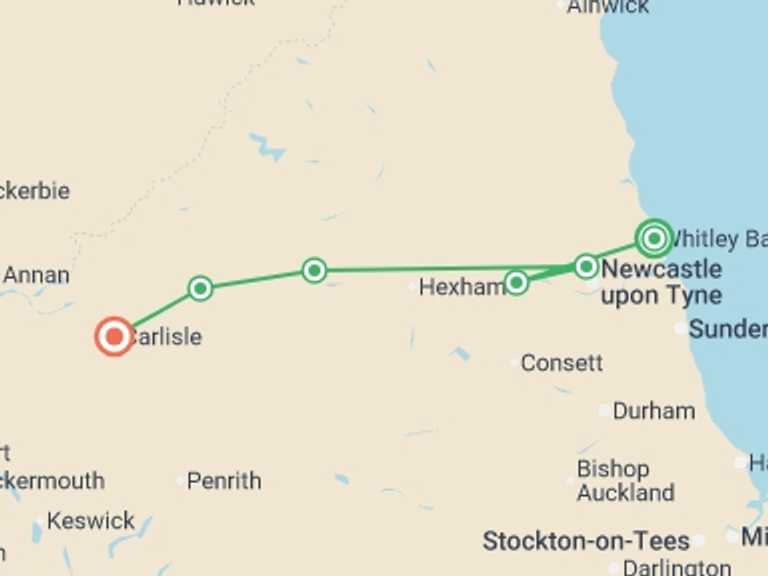 Map of UK and Britain Tour with 7 destination visits for the trip: Hadrian's Wall Walk From Whitley Bay - 8 Days