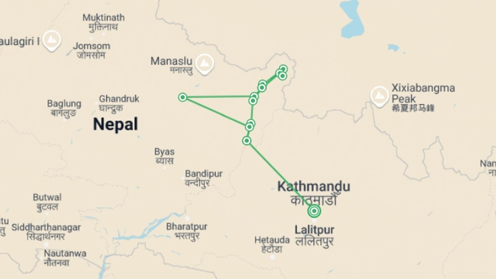 A map showing the tour itinerary for the trip: Tsum Valley Trek, starting in Kathmandu, Nepal and ending in Kathmandu, Nepal going through 12 other destinations.