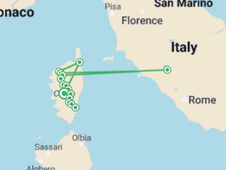 Map of 15-Day Europe Tour with 15 destination visits for the trip: Trek the GR20 of Corsica