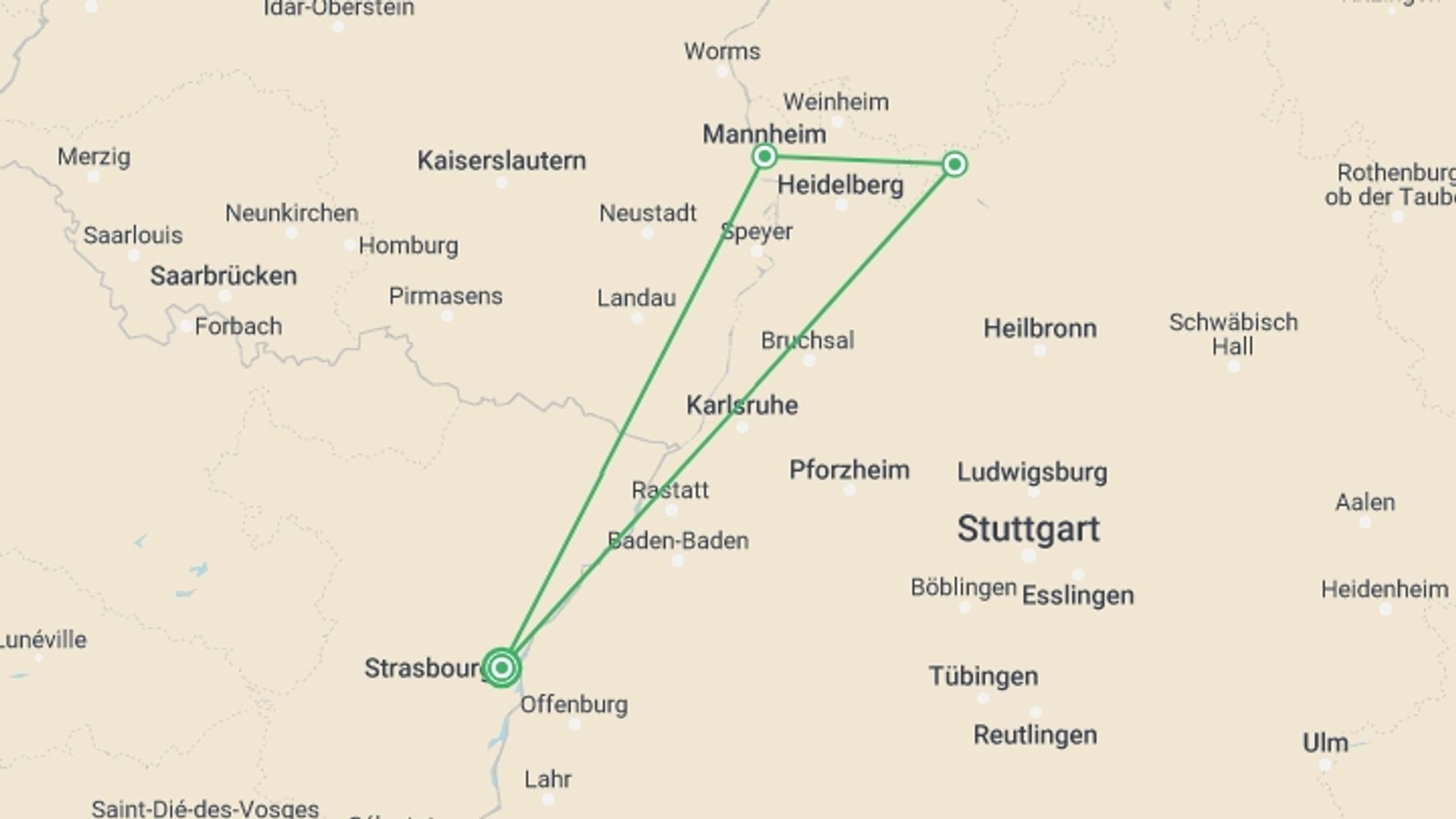 A map showing the tour itinerary for the trip: Around the World in Culinary Delights (port-to-port cruise), starting in Strasbourg, France and ending in Strasbourg, France going through 2 other destinations.