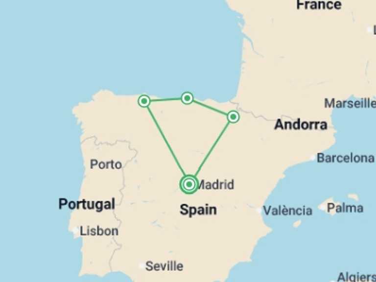 Map of Europe Tour with 4 destination visits for the trip: Spain's Northern Coast - 4 days