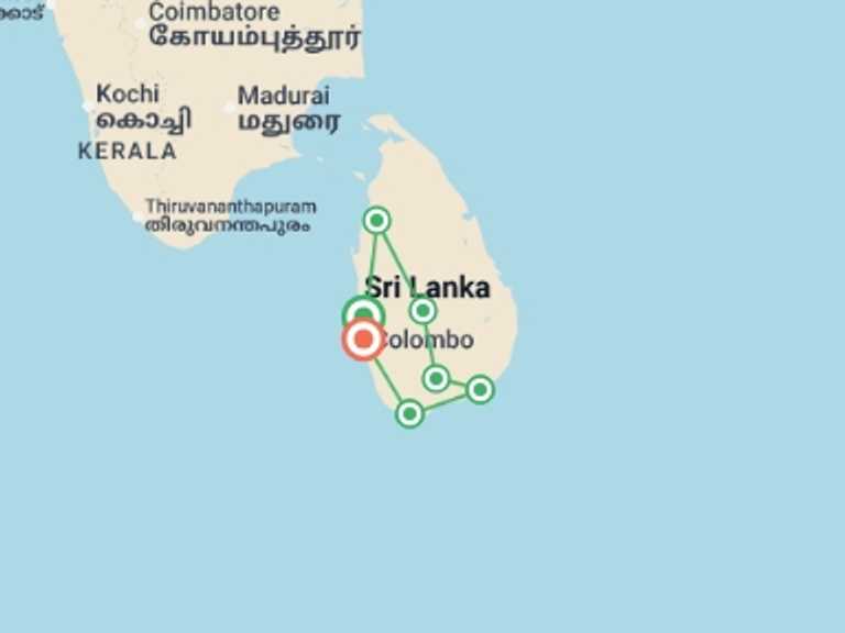 Map itinerary of Sri Lanka Tour in August 2026 with 7 destination visits for the trip: Sri Lanka Safari & Wildlife Tour