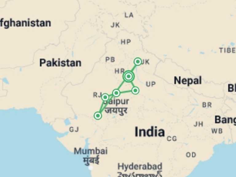 Map itinerary of Rajasthan Tour in October 2026 with 7 destination visits for the trip: Eat Pray Love: The Spiritual Wellness